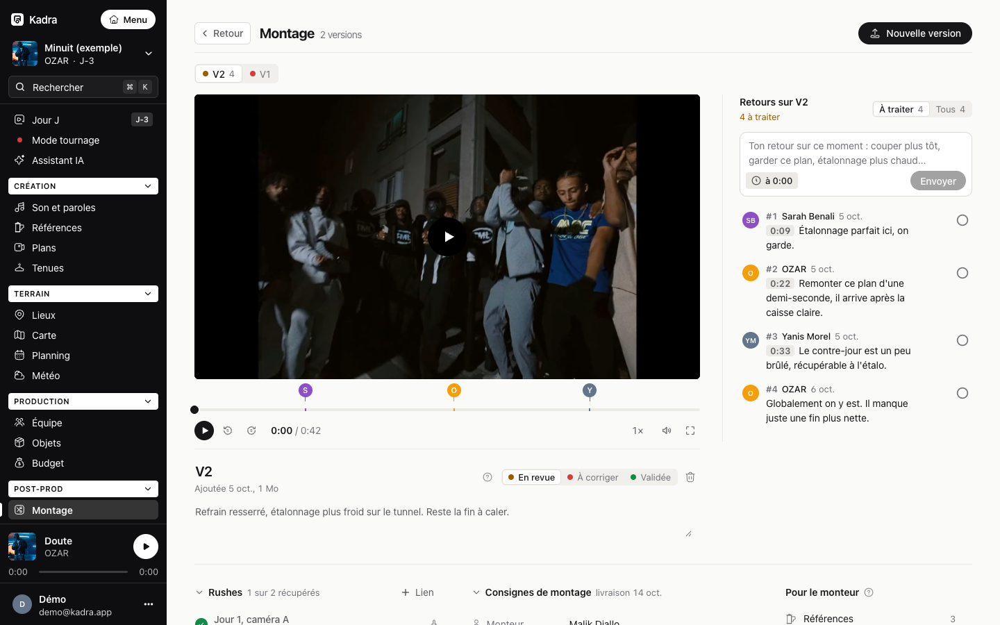 Kadraz, la page Montage : versions, retours à la seconde, rushes et consignes